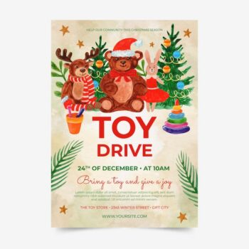Free Vector | Watercolor christmas toy drive poster template
