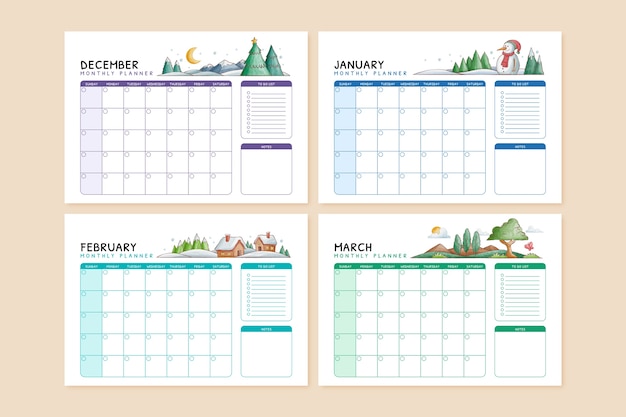 Free Vector | Watercolor monthly planner calendar