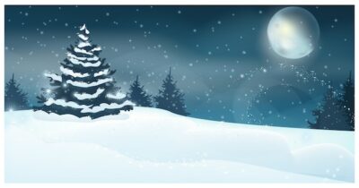 Free Vector | Winter landscape with full moon and fir-tree illustration
