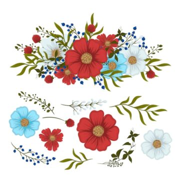 Premium Vector | Floral clipart  red, light blue, white isolated flowers and leaves