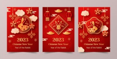 Free Vector | Paper style chinese new year festival celebration greeting cards collection