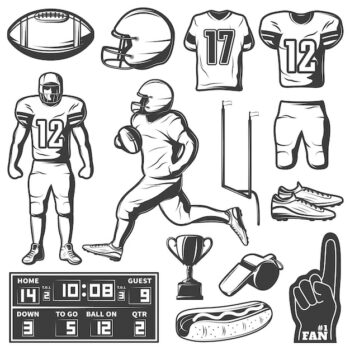 Free Vector | American football monochrome elements set with sports equipment and clothing players trophy food isolated