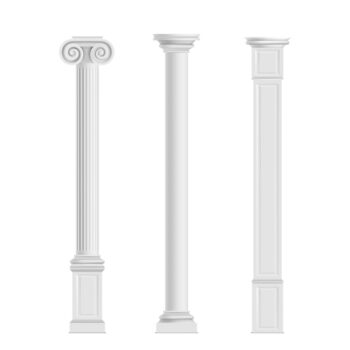 Free Vector | Antique cylindrical doric, ionic orders and modern cubic columns of marble stone