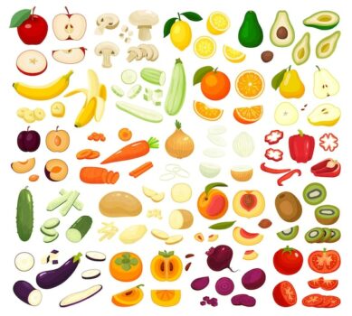 Free Vector | Big set of flat whole and sliced fresh fruits and vegetables with carrot tomato lemon avocado apple banana peach isolated vector illustration