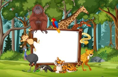 Free Vector | Blank banner in the rainforest scene with wild animals