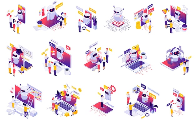 Free Vector | Chatbot messenger ai applications isometric set with personal time finance business manager bot creation isolated vector illustration