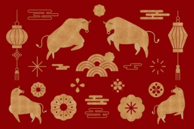 Free Vector | Chinese ox year golden vector design elements set