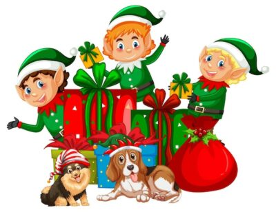 Free Vector | Chistmas elves and cute dogs in christmas theme