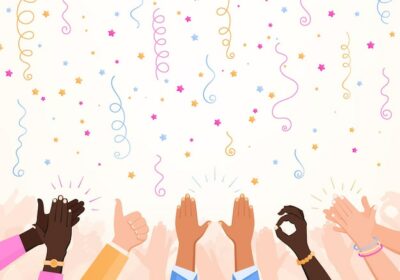 Free Vector | Clapping ok heart hands applause party composition with set of confetti stars and human hand