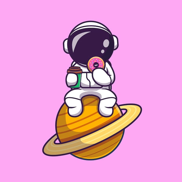 Free Vector | Cute astronaut eating doughnut and holding coffee cup on the moon cartoon
