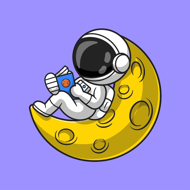 Free Vector | Cute astronaut reading book on moon cartoon vector icon illustration. technology education icon concept isolated premium vector. flat cartoon style