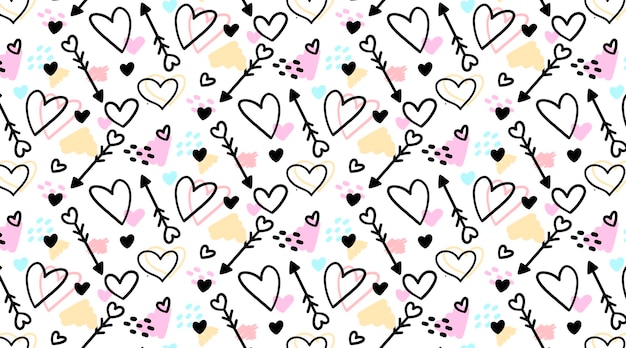 Free Vector | Cute handdrawn seamless pattern with doodled hearts and arrows