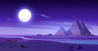 Free Vector | Egyptian desert with river and pyramids at night.