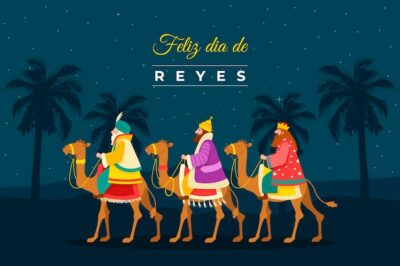 Free Vector | Flat illustration of reyes magos arriving to the nativity scene