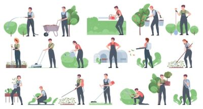 Free Vector | Garden tools and people icon set with flat isolated human characters of gardeners performing different works vector illustration