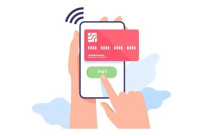 Free Vector | Hand holding phone with credit card on screen. man making purchase, shopping, paying online using banking app flat vector illustration. transaction, e-commerce concept