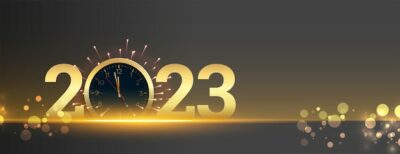Free Vector | Happy new year 2023 banner with clock and bokeh light effect