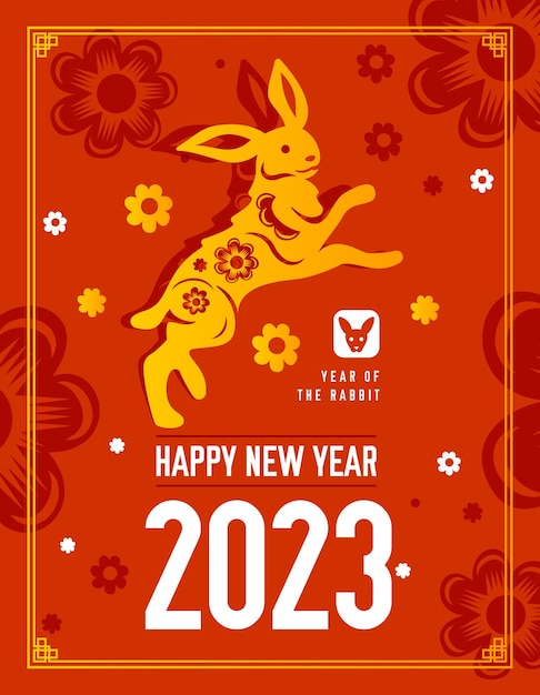 Free Vector | Happy new year 2023 vertical poster with rabbit chinese zodiac sign in red and yellow colors flat vector illustration