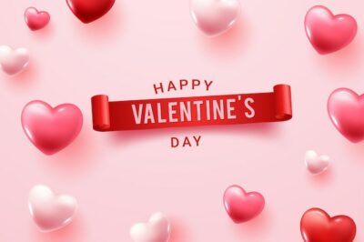 Free Vector | Happy valentine day congratulation with red and pink 3d heart shapes