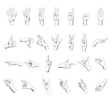Free Vector | Human hands gestures flat set with isolated outlines of black and white flourishes on blank background vector illustration