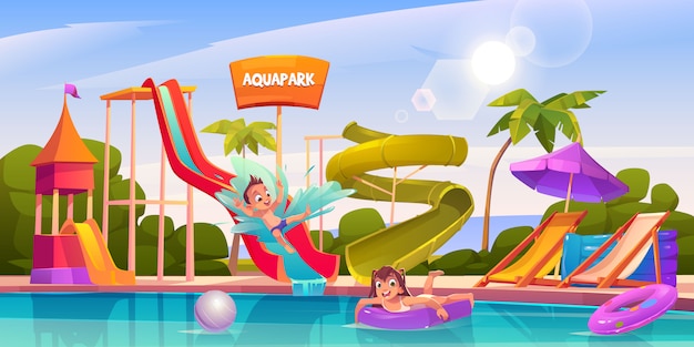 Free Vector | Kids in aquapark, amusement aqua park attractions