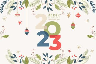 Free Vector | Merry christmas and happy new year background with hand drawn decoration and florals