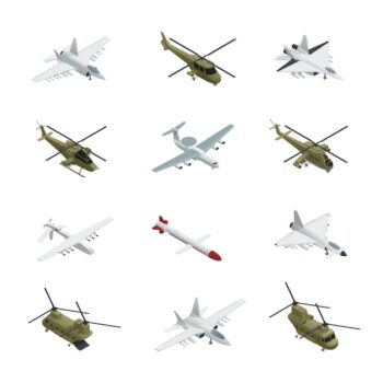 Free Vector | Military air force isometric icon set airplanes and helicopters with different types colors sizes and purposes