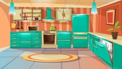 Free Vector | Modern kitchen interior background template. cartoon dinner room with furniture