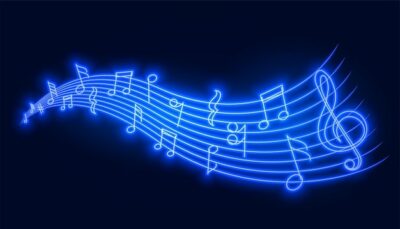 Free Vector | Musical pentagram sound waves notes in blue neon style