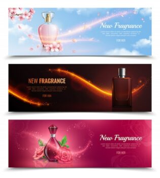 Free Vector | New fragrance horizontal cosmetics banners with bottles of perfume and effect of magic flying glitters realistic
