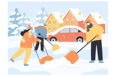 Free Vector | People in seasonal clothes cleaning roads buried in snow together. male and female characters removing ice with shovels after winter storm flat vector illustration. winter, outdoor activities concept