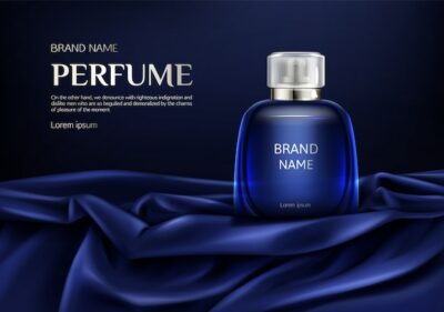 Free Vector | Perfume glass bottle on blue silk folded fabric
