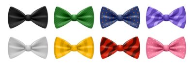 Free Vector | Realistic bow tie set with eight accessories of different colors and patterns isolated against white background vector illustration