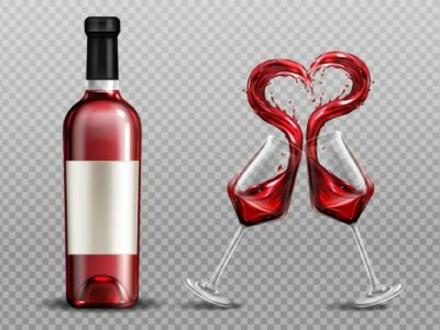 Free Vector | Red wine heart splash in wineglasses and close bottle. full glasses with alcohol drink clinking isolated