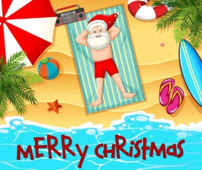 Free Vector | Santa claus taking sun bath at the beach with summer element and merry christmas font