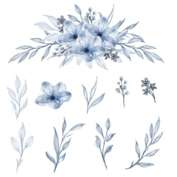 Free Vector | Set of watercolor flower and leaf blue