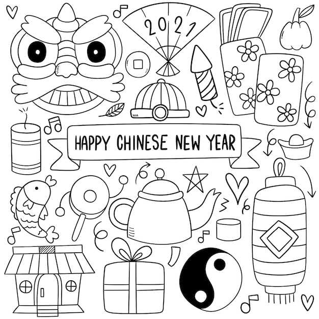 Free Vector | Chinese new year with icon doodle style