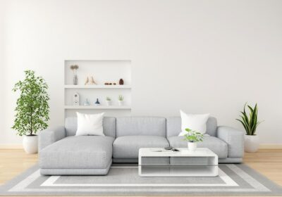 Free Photo | Gray sofa in white living room with copy space