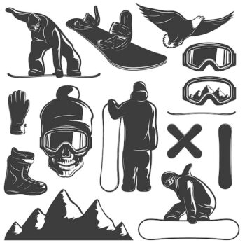 Free Vector | Black isolated snowboarding icon set equipment outfit and snowboarder vector illustration