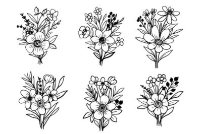 Free Vector | Bouquet flower and leaves line art ornament collection