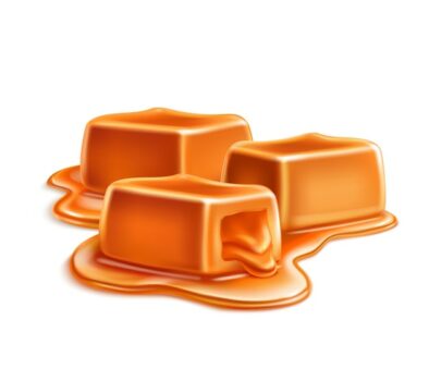 Free Vector | Caramel candles toffee realistic composition  with cubic bars in puddle of liquid caramel  illustration