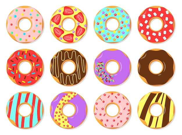 Free Vector | Colorful glazed donuts flat illustrations set