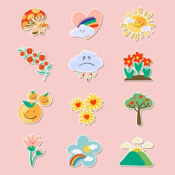 Free Vector | Cute natural doodle sticker set on a pink background