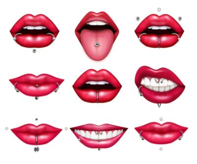 Free Vector | Different types of lips and tongue piercing realistic set isolated on blank background vector illustration