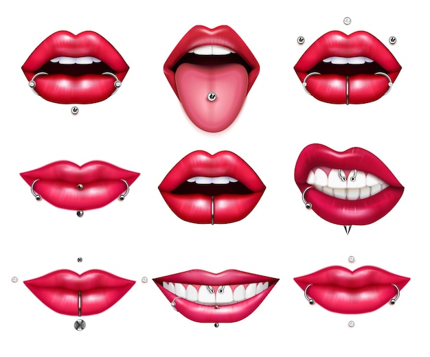 Free Vector | Different types of lips and tongue piercing realistic set isolated on blank background vector illustration
