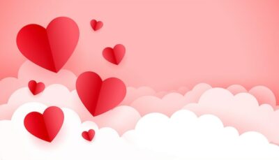 Free Vector | Floating paper hearts on clouds pink background for valentines day