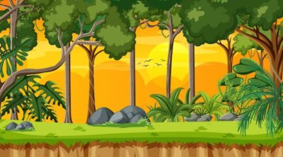 Free Vector | Forest landscape scene at sunset time with many different trees