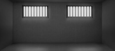 Free Vector | Prison cell with barred windows, empty jail interior with grey concrete walls and sun rays falling on floor.