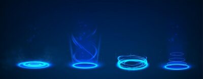 Free Vector | Set of circle portal teleports with neon light glowing in the dark.