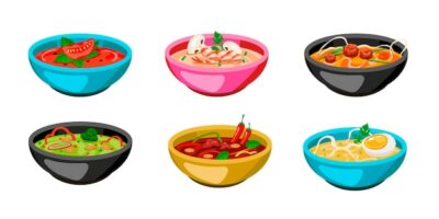 Free Vector | Set of colorful bowls of soup. cartoon illustration
